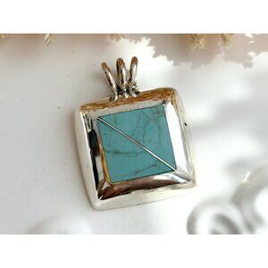 Natural Turquoise Gemstone Square Shaped Sterling Silver 925 Vintage Pendant